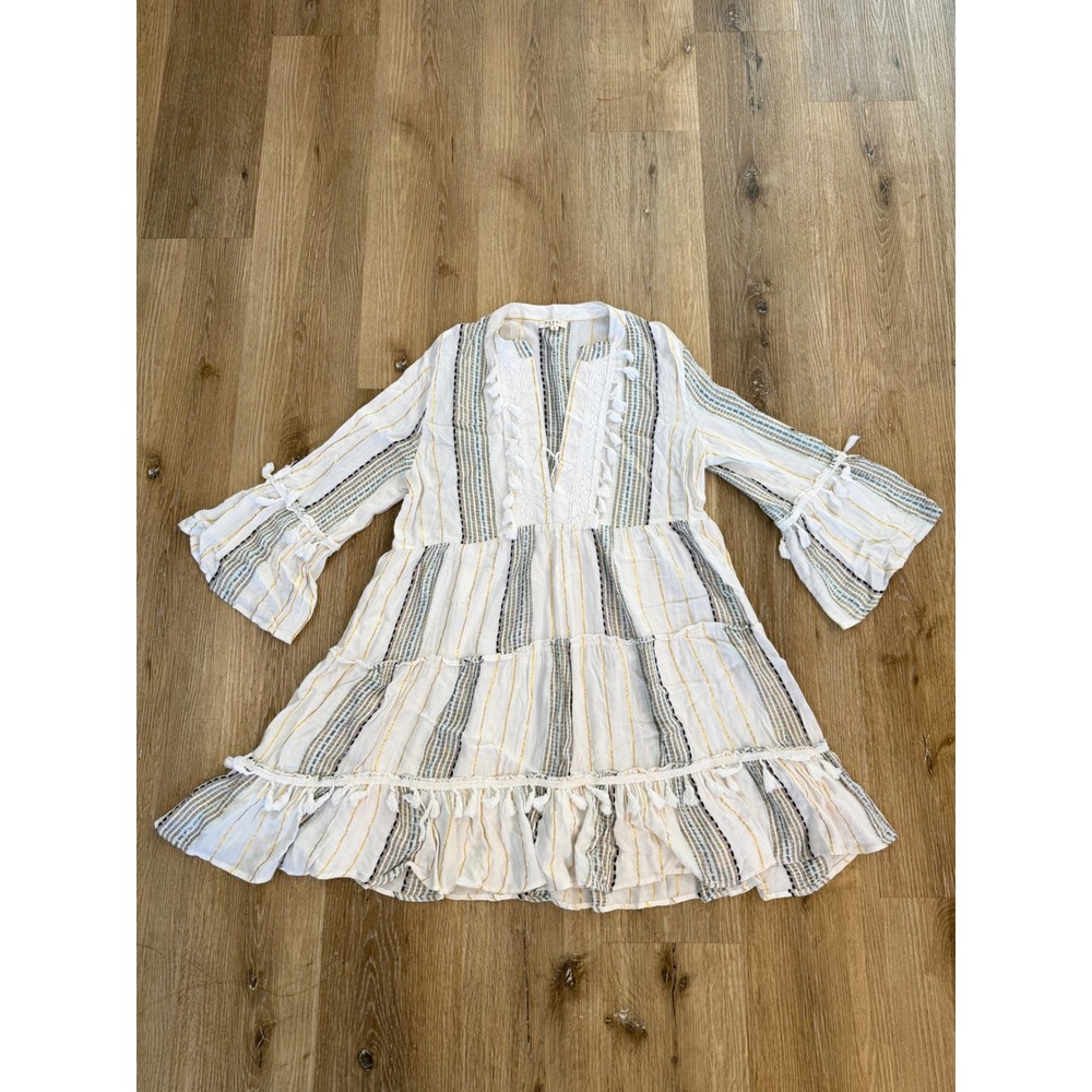 Paani Mini Dress Womens Small White Blue Gold Metallic Boho Tassel Tiered